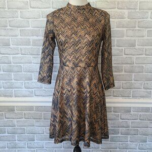 Vtg Dina B Chevron Mesh Skater Mini Dress Open Back Boho Festival Sheer Sleeve L